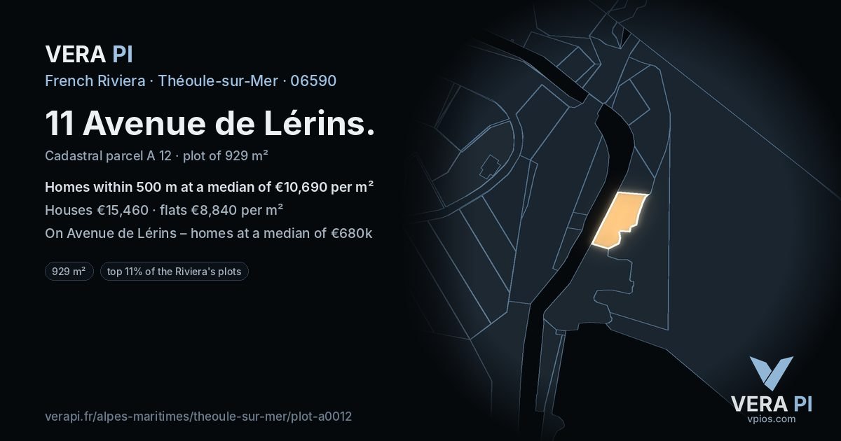 11 Avenue de Lérins, Théoule-sur-Mer at night – the plot lit, the parcels around coloured by the prices near them