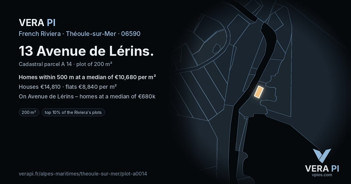 13 Avenue de Lérins, Théoule-sur-Mer at night – the plot lit, the parcels around coloured by the prices near them
