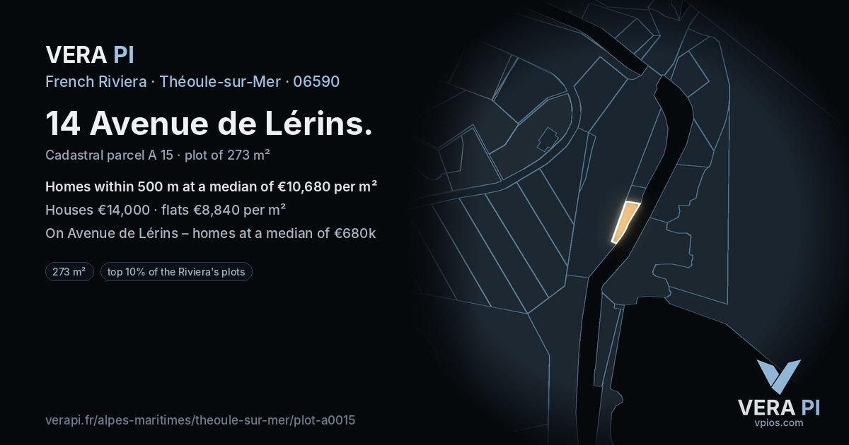 14 Avenue de Lérins, Théoule-sur-Mer at night – the plot lit, the parcels around coloured by the prices near them