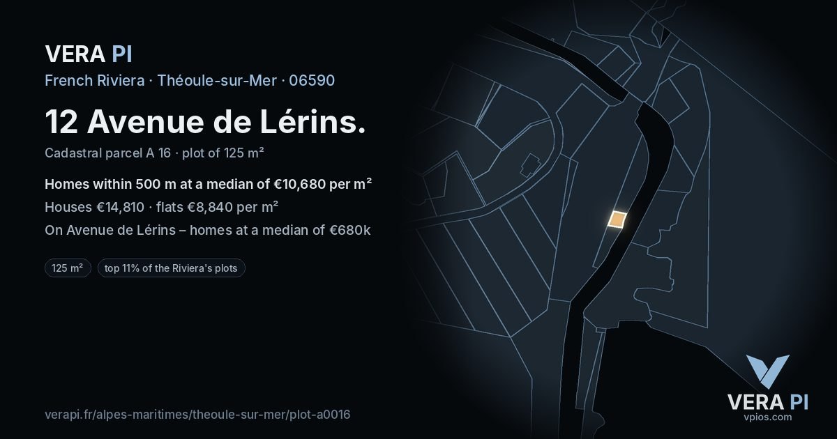 12 Avenue de Lérins, Théoule-sur-Mer at night – the plot lit, the parcels around coloured by the prices near them