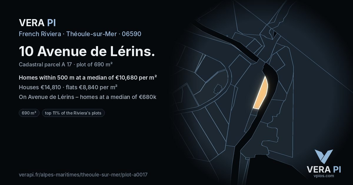10 Avenue de Lérins, Théoule-sur-Mer at night – the plot lit, the parcels around coloured by the prices near them