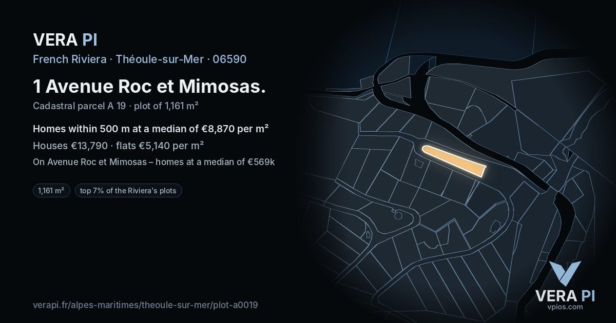1 Avenue Roc et Mimosas, Théoule-sur-Mer at night – the plot lit, the parcels around coloured by the prices near them