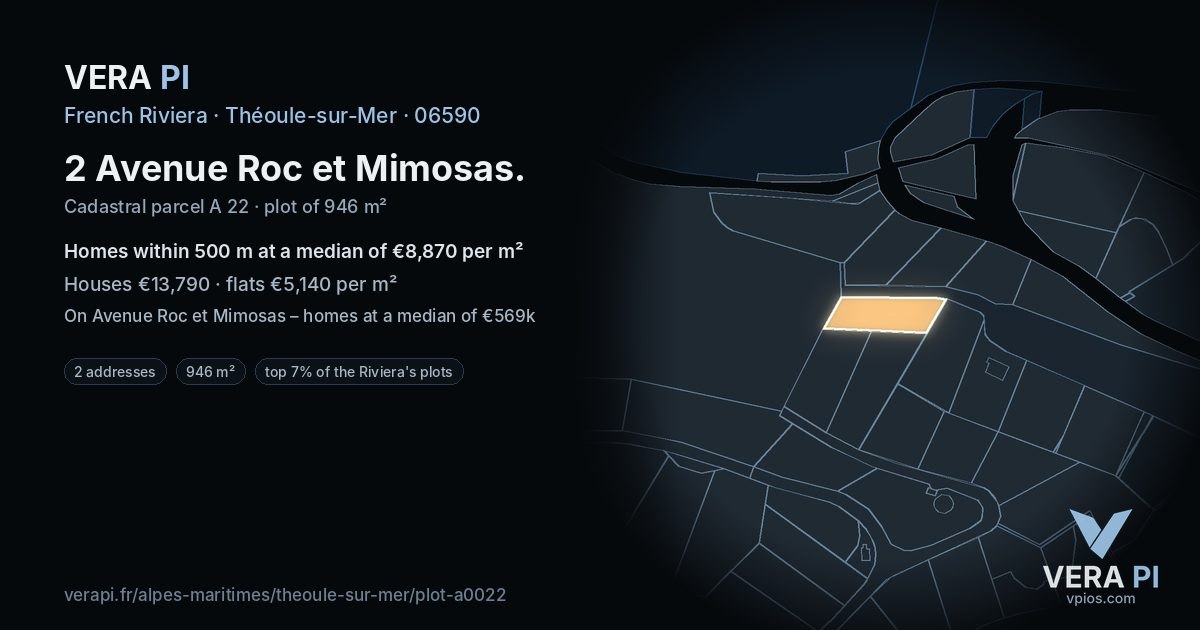 2 Avenue Roc et Mimosas, Théoule-sur-Mer at night – the plot lit, the parcels around coloured by the prices near them