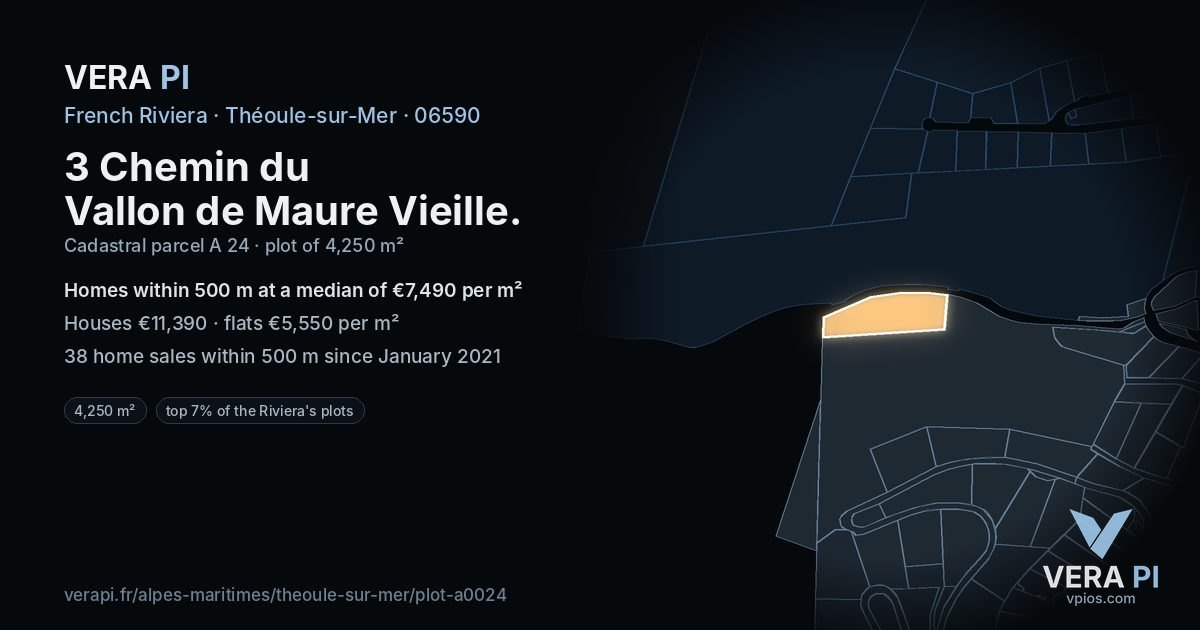 3 Chemin du Vallon de Maure Vieille, Théoule-sur-Mer at night – the plot lit, the parcels around coloured by the prices near them