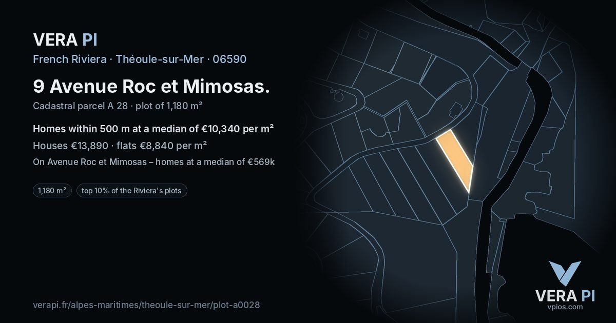 9 Avenue Roc et Mimosas, Théoule-sur-Mer at night – the plot lit, the parcels around coloured by the prices near them
