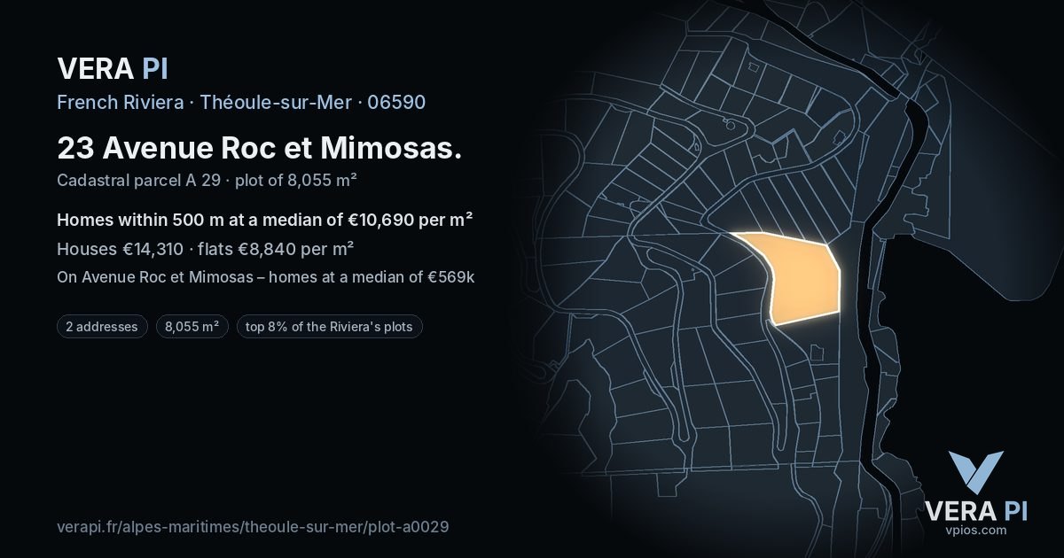 23 Avenue Roc et Mimosas, Théoule-sur-Mer at night – the plot lit, the parcels around coloured by the prices near them