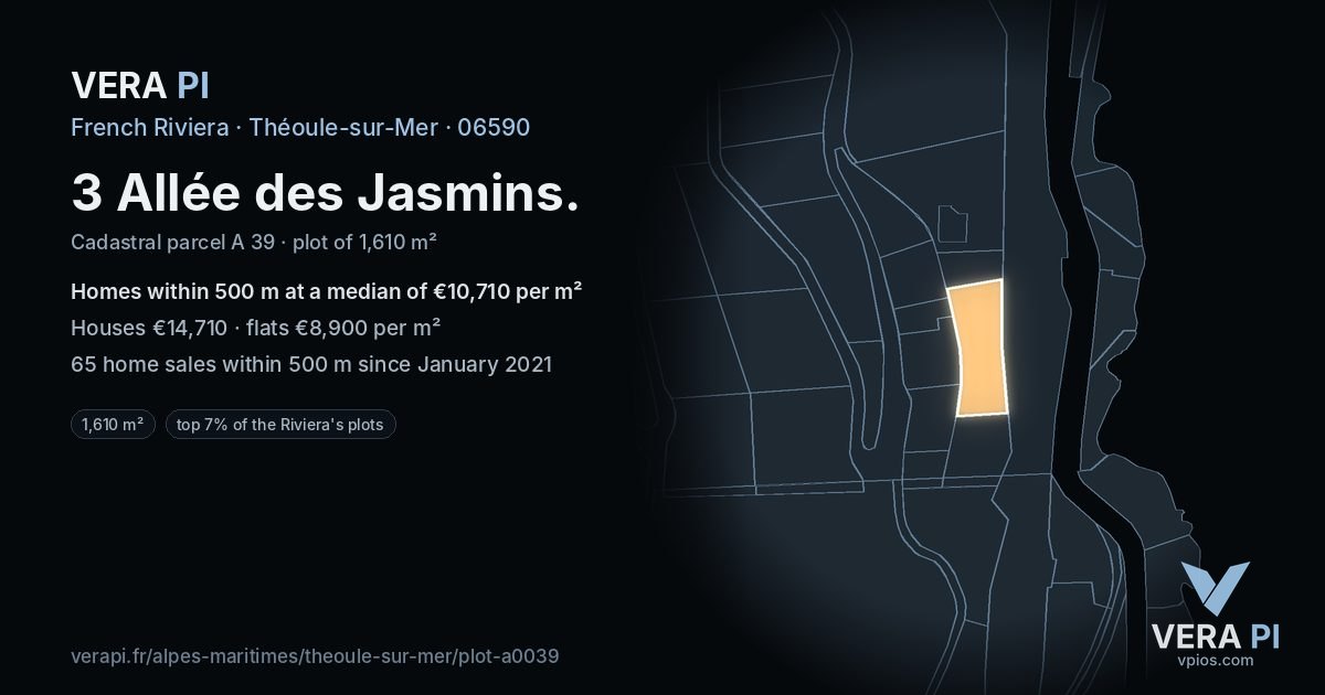 3 Allée des Jasmins, Théoule-sur-Mer at night – the plot lit, the parcels around coloured by the prices near them