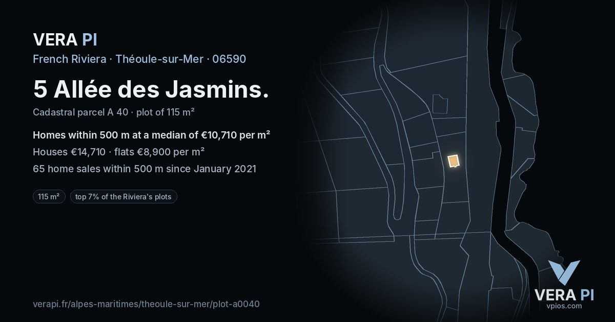 5 Allée des Jasmins, Théoule-sur-Mer at night – the plot lit, the parcels around coloured by the prices near them