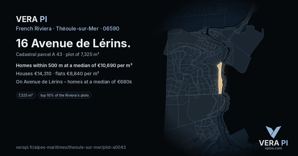 16 Avenue de Lérins, Théoule-sur-Mer at night – the plot lit, the parcels around coloured by the prices near them