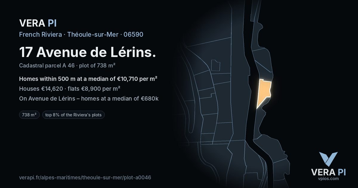 17 Avenue de Lérins, Théoule-sur-Mer at night – the plot lit, the parcels around coloured by the prices near them