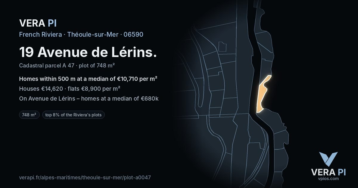 19 Avenue de Lérins, Théoule-sur-Mer at night – the plot lit, the parcels around coloured by the prices near them