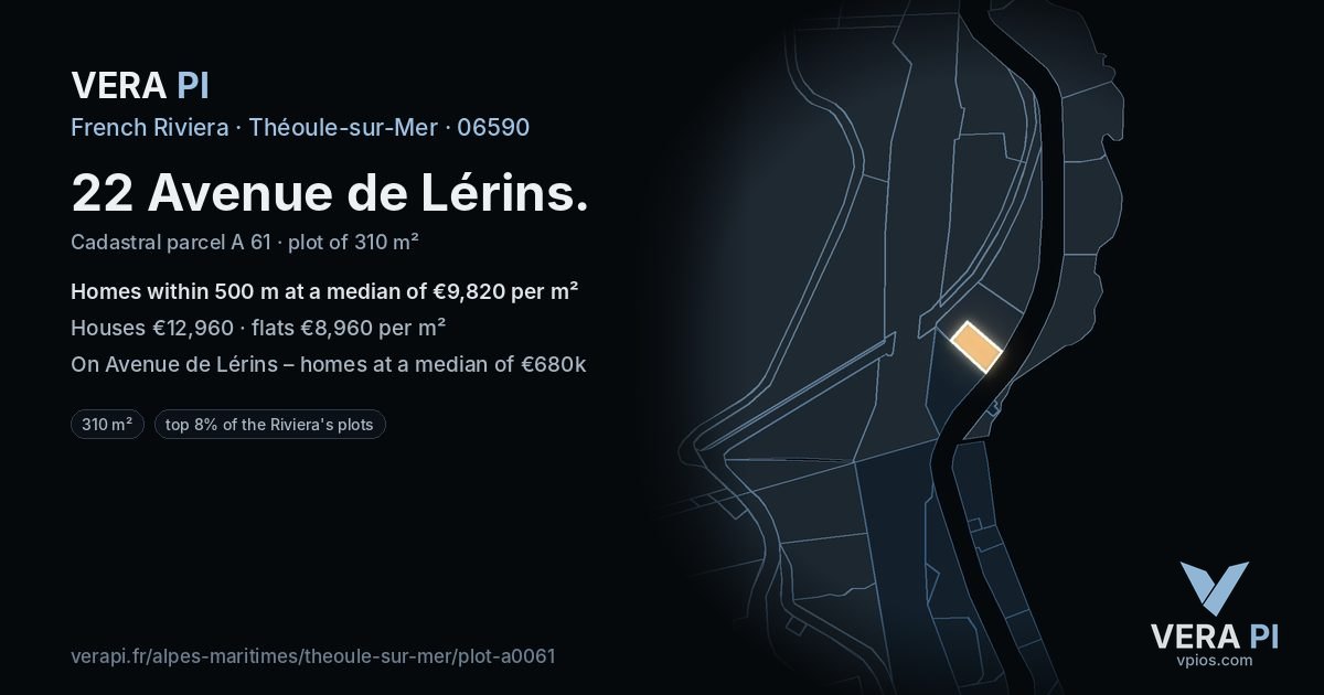 22 Avenue de Lérins, Théoule-sur-Mer at night – the plot lit, the parcels around coloured by the prices near them