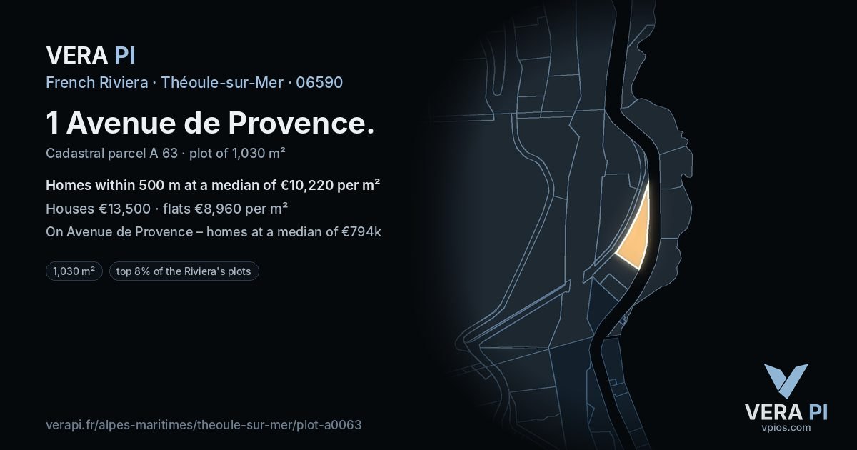 1 Avenue de Provence, Théoule-sur-Mer at night – the plot lit, the parcels around coloured by the prices near them