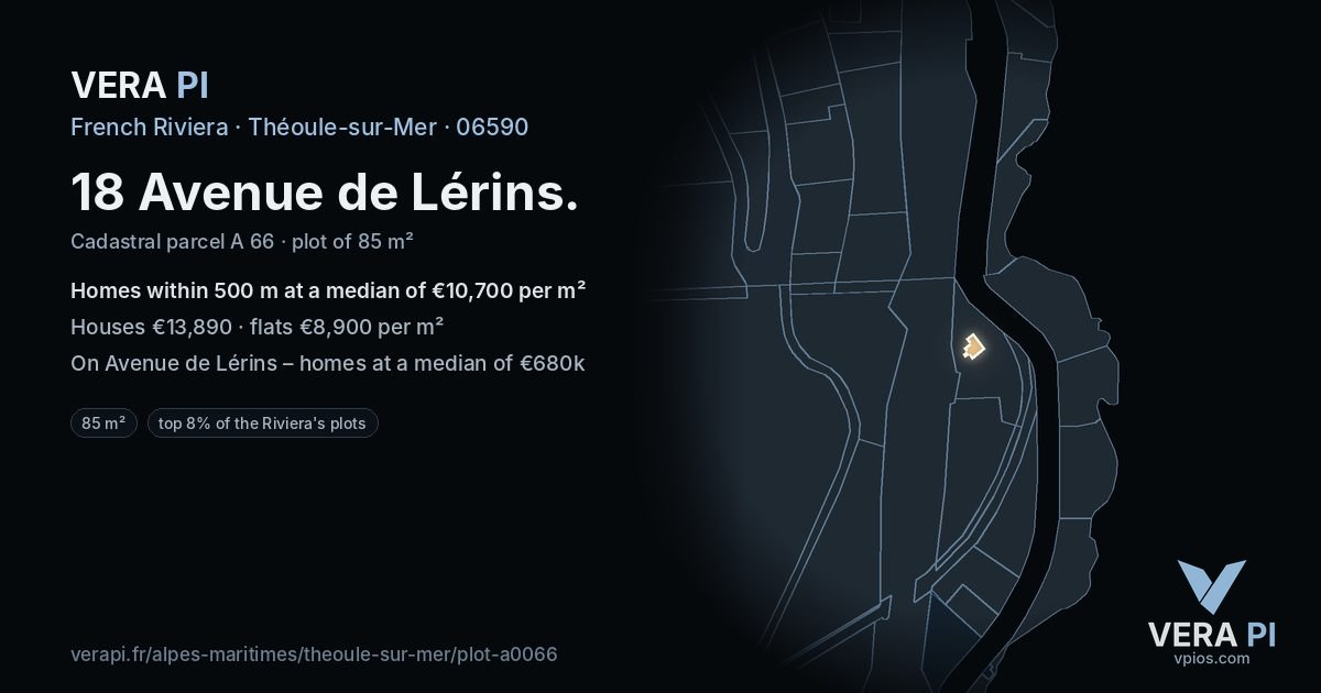 18 Avenue de Lérins, Théoule-sur-Mer at night – the plot lit, the parcels around coloured by the prices near them