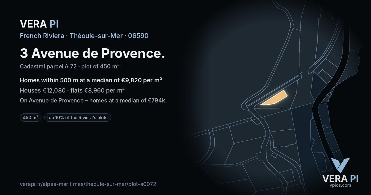 3 Avenue de Provence, Théoule-sur-Mer at night – the plot lit, the parcels around coloured by the prices near them