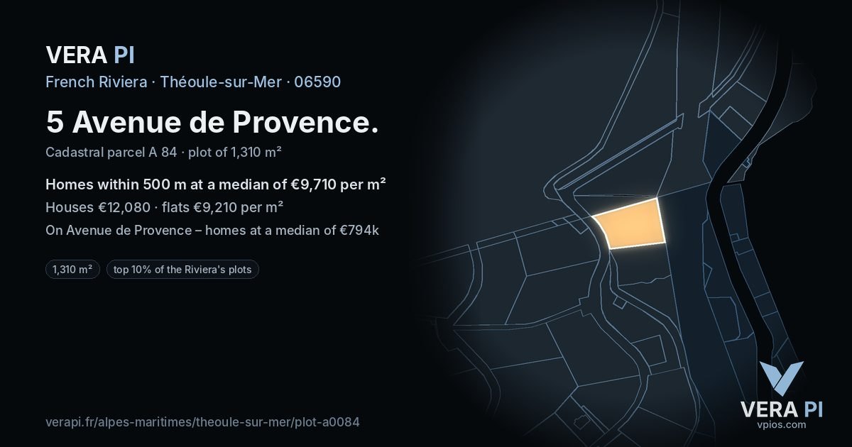 5 Avenue de Provence, Théoule-sur-Mer at night – the plot lit, the parcels around coloured by the prices near them