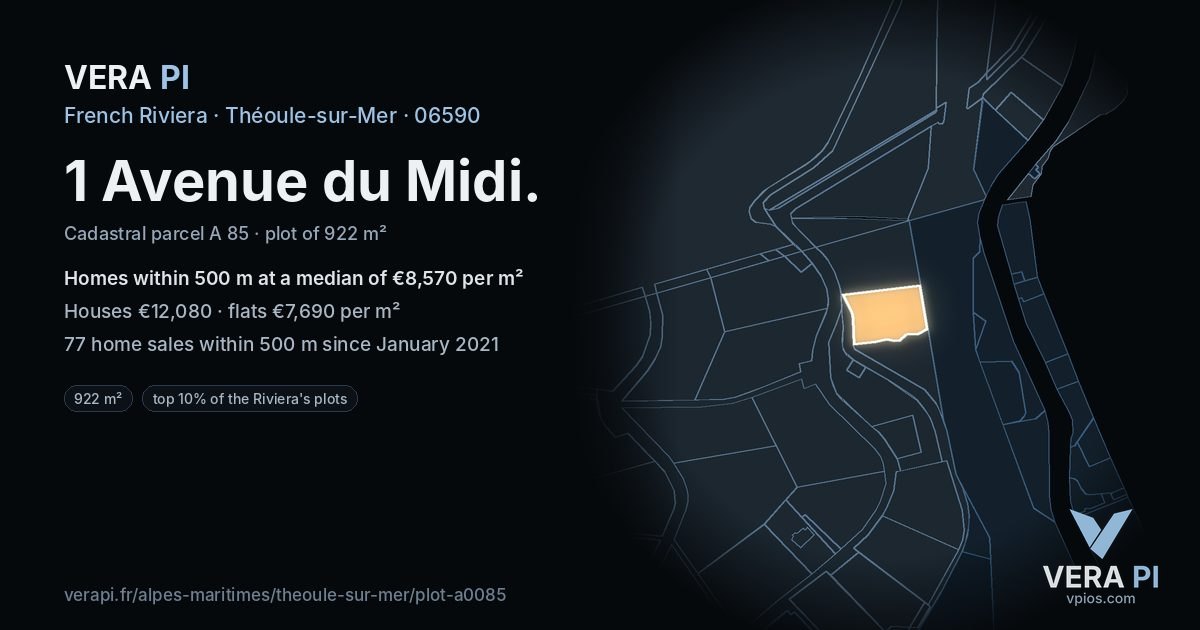 1 Avenue du Midi, Théoule-sur-Mer at night – the plot lit, the parcels around coloured by the prices near them