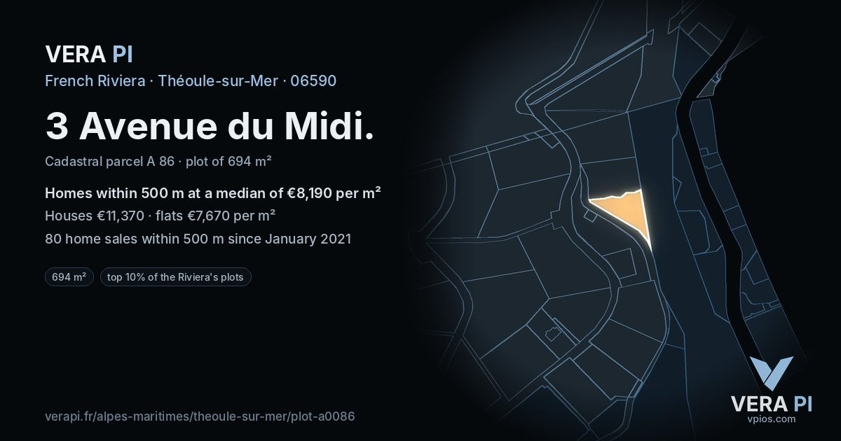 3 Avenue du Midi, Théoule-sur-Mer at night – the plot lit, the parcels around coloured by the prices near them