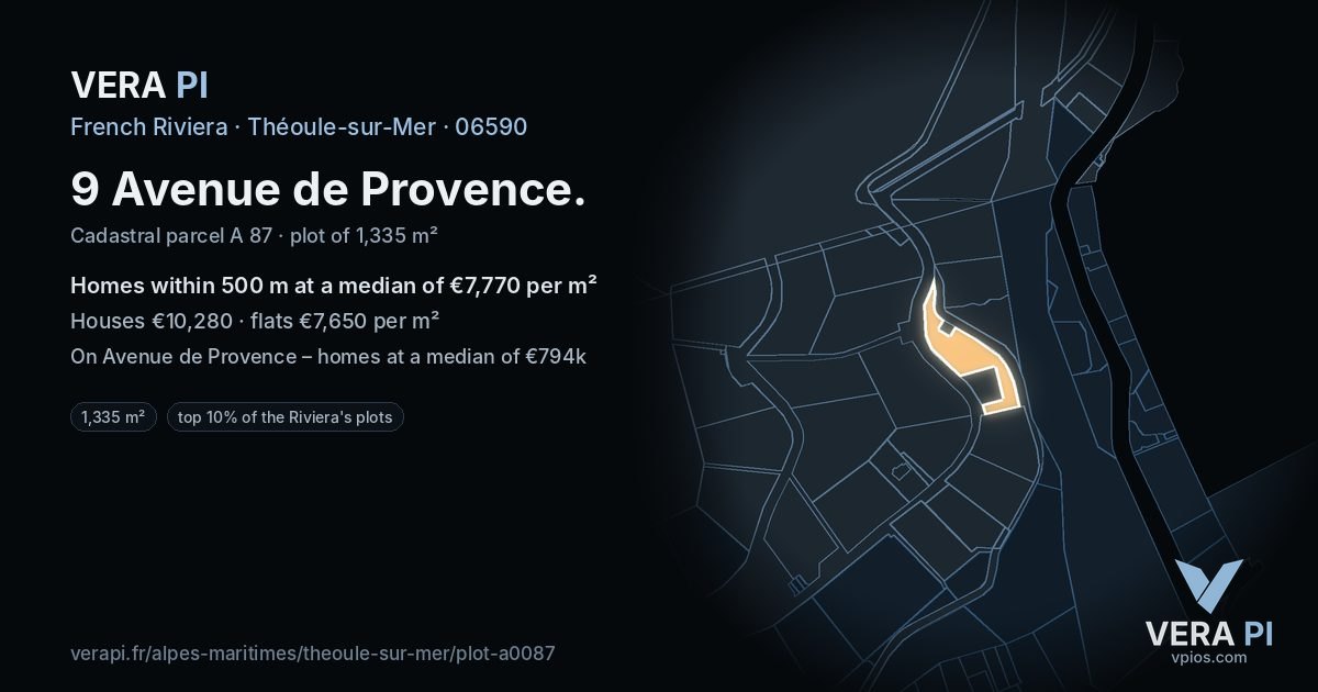 9 Avenue de Provence, Théoule-sur-Mer at night – the plot lit, the parcels around coloured by the prices near them