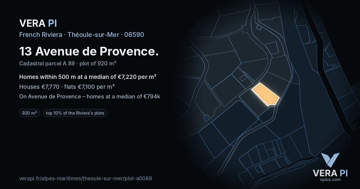 13 Avenue de Provence, Théoule-sur-Mer at night – the plot lit, the parcels around coloured by the prices near them