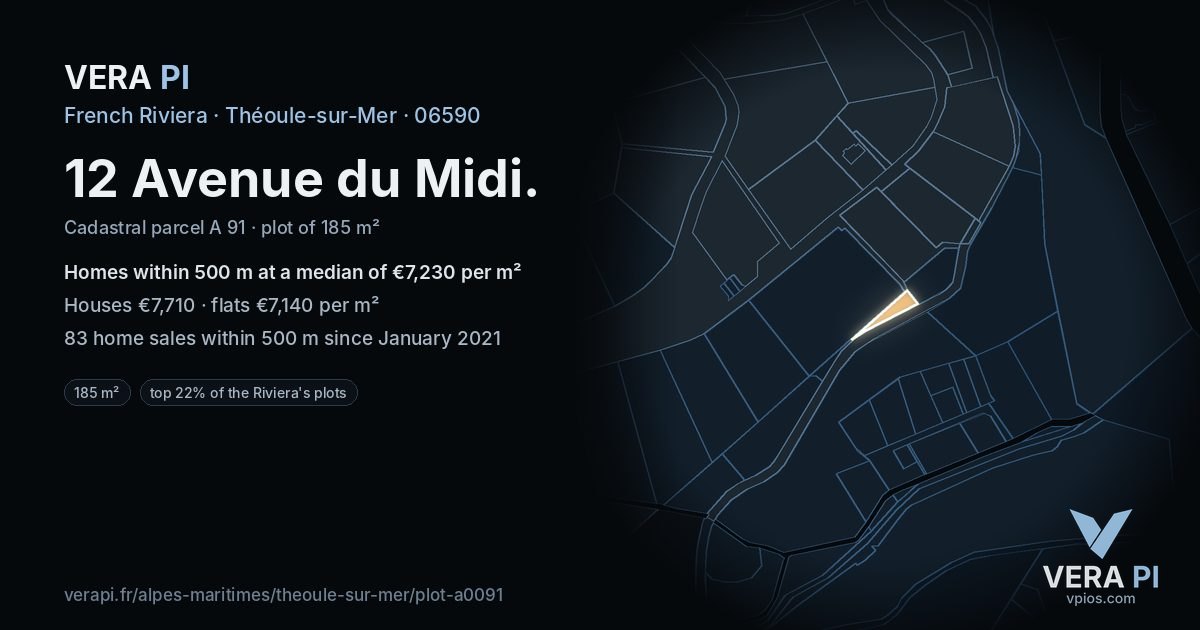 12 Avenue du Midi, Théoule-sur-Mer at night – the plot lit, the parcels around coloured by the prices near them