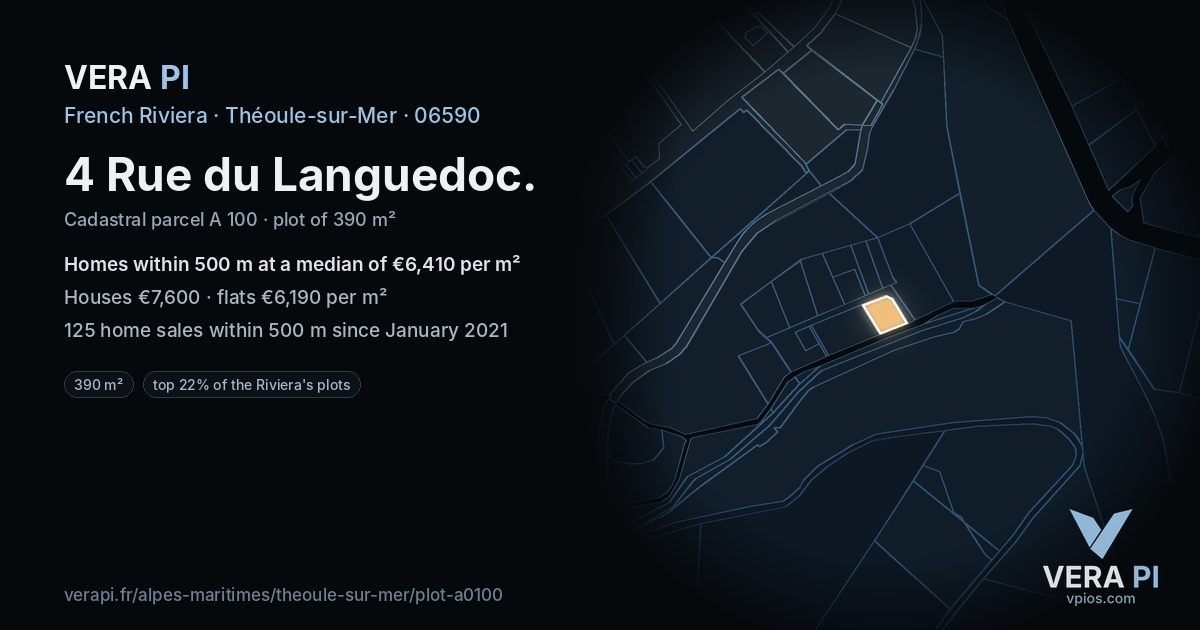 4 Rue du Languedoc, Théoule-sur-Mer at night – the plot lit, the parcels around coloured by the prices near them