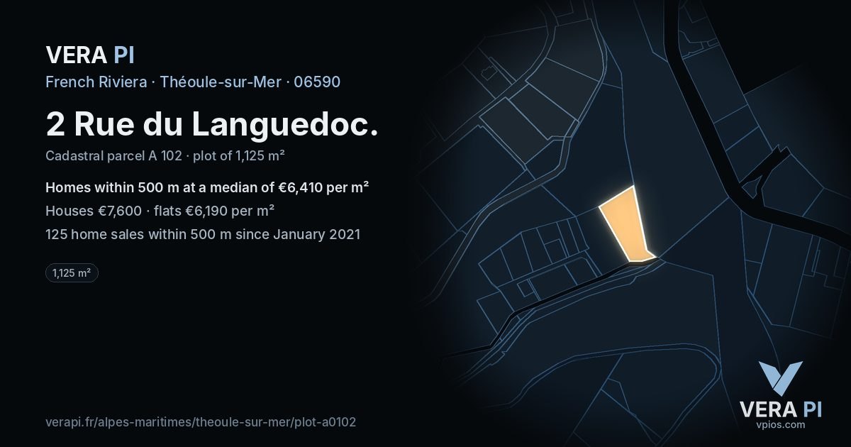 2 Rue du Languedoc, Théoule-sur-Mer at night – the plot lit, the parcels around coloured by the prices near them