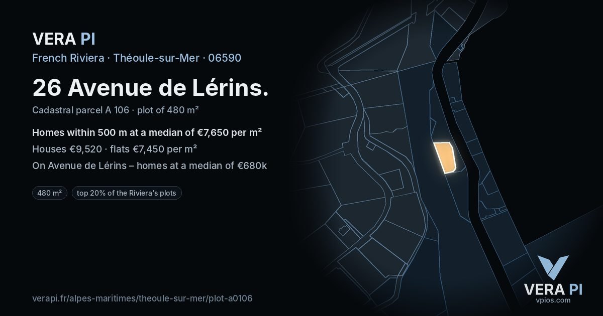 26 Avenue de Lérins, Théoule-sur-Mer at night – the plot lit, the parcels around coloured by the prices near them