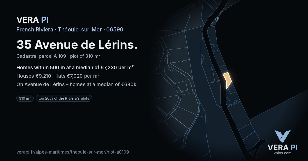 35 Avenue de Lérins, Théoule-sur-Mer at night – the plot lit, the parcels around coloured by the prices near them