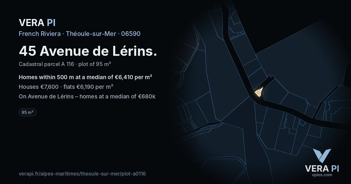 45 Avenue de Lérins, Théoule-sur-Mer at night – the plot lit, the parcels around coloured by the prices near them
