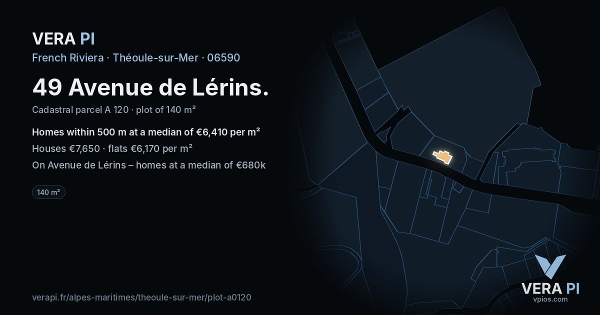 49 Avenue de Lérins, Théoule-sur-Mer at night – the plot lit, the parcels around coloured by the prices near them