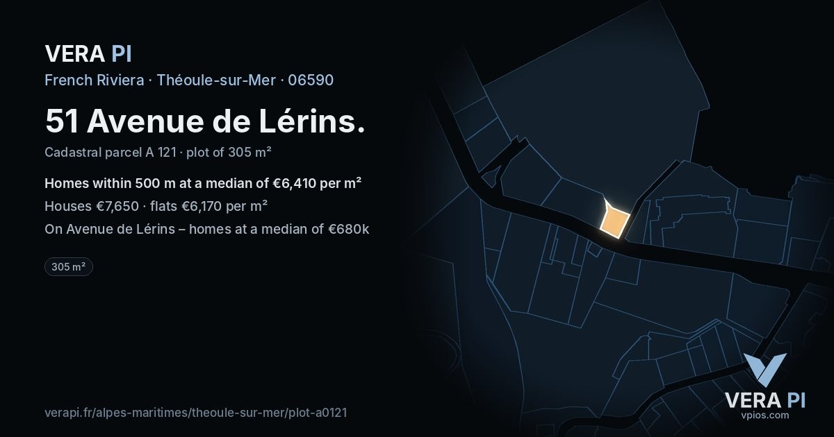 51 Avenue de Lérins, Théoule-sur-Mer at night – the plot lit, the parcels around coloured by the prices near them