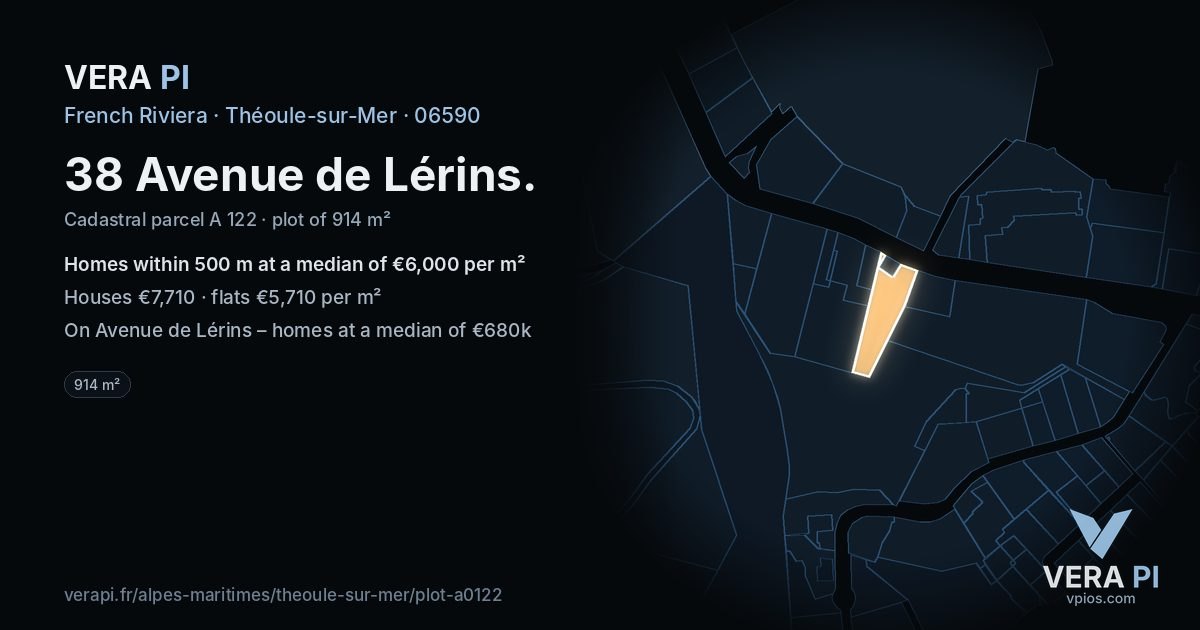 38 Avenue de Lérins, Théoule-sur-Mer at night – the plot lit, the parcels around coloured by the prices near them