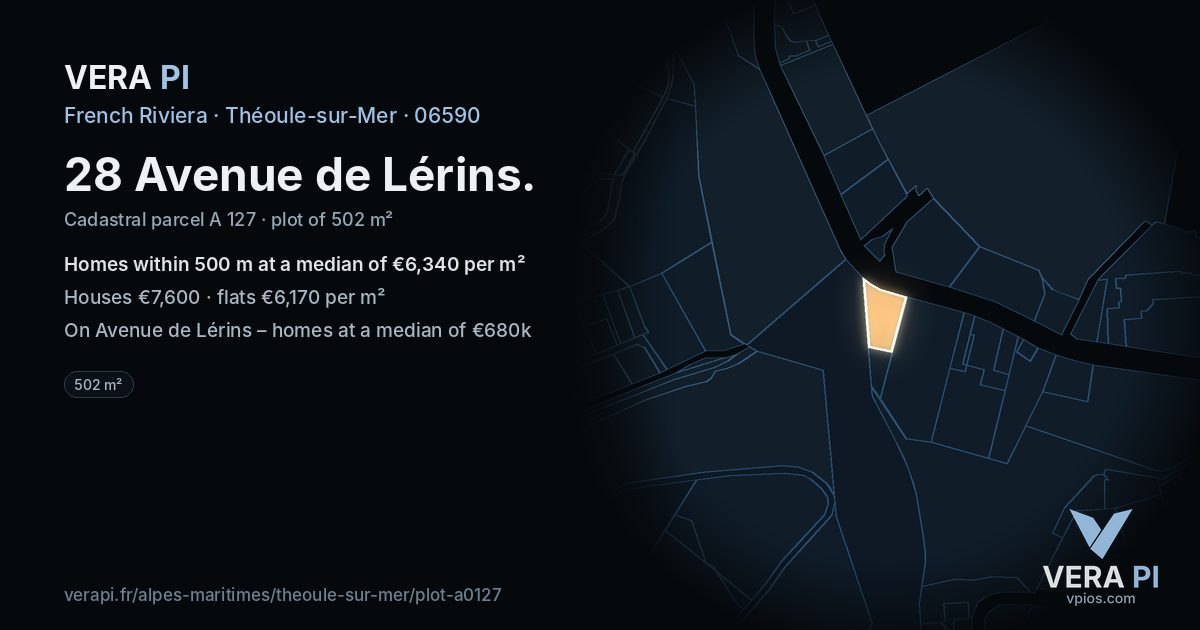 28 Avenue de Lérins, Théoule-sur-Mer at night – the plot lit, the parcels around coloured by the prices near them