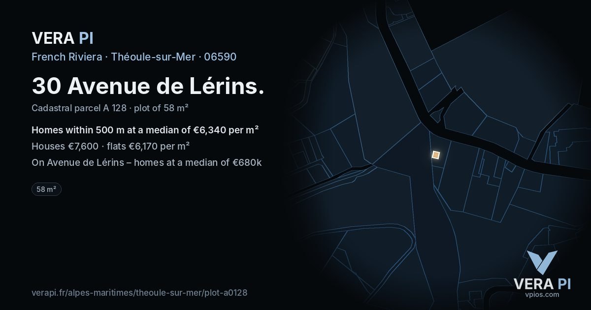 30 Avenue de Lérins, Théoule-sur-Mer at night – the plot lit, the parcels around coloured by the prices near them