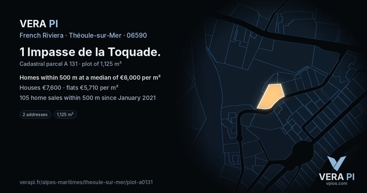 1 Impasse de la Toquade, Théoule-sur-Mer at night – the plot lit, the parcels around coloured by the prices near them