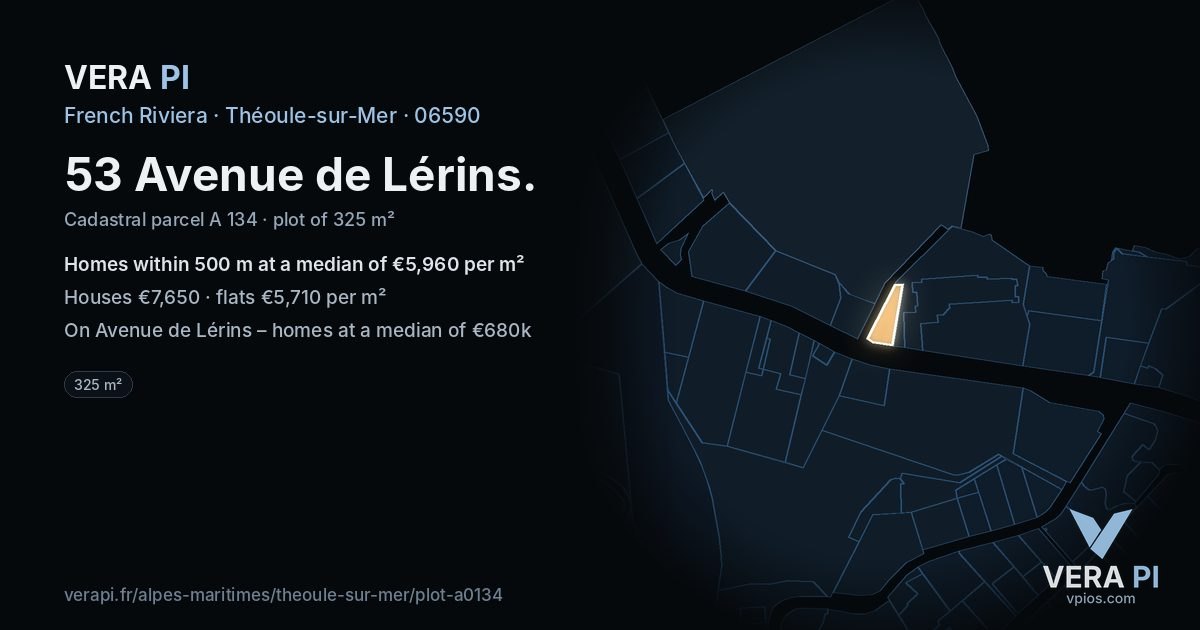 53 Avenue de Lérins, Théoule-sur-Mer at night – the plot lit, the parcels around coloured by the prices near them