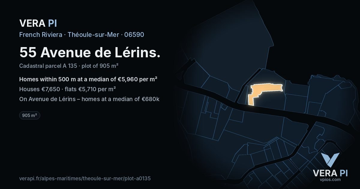 55 Avenue de Lérins, Théoule-sur-Mer at night – the plot lit, the parcels around coloured by the prices near them
