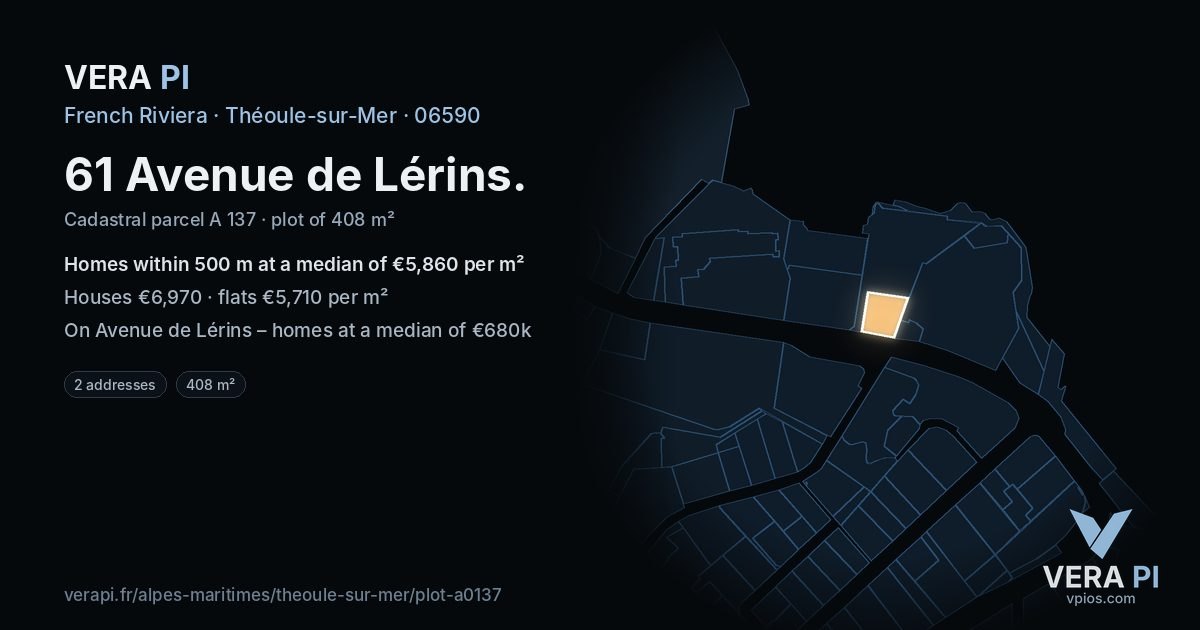 61 Avenue de Lérins, Théoule-sur-Mer at night – the plot lit, the parcels around coloured by the prices near them