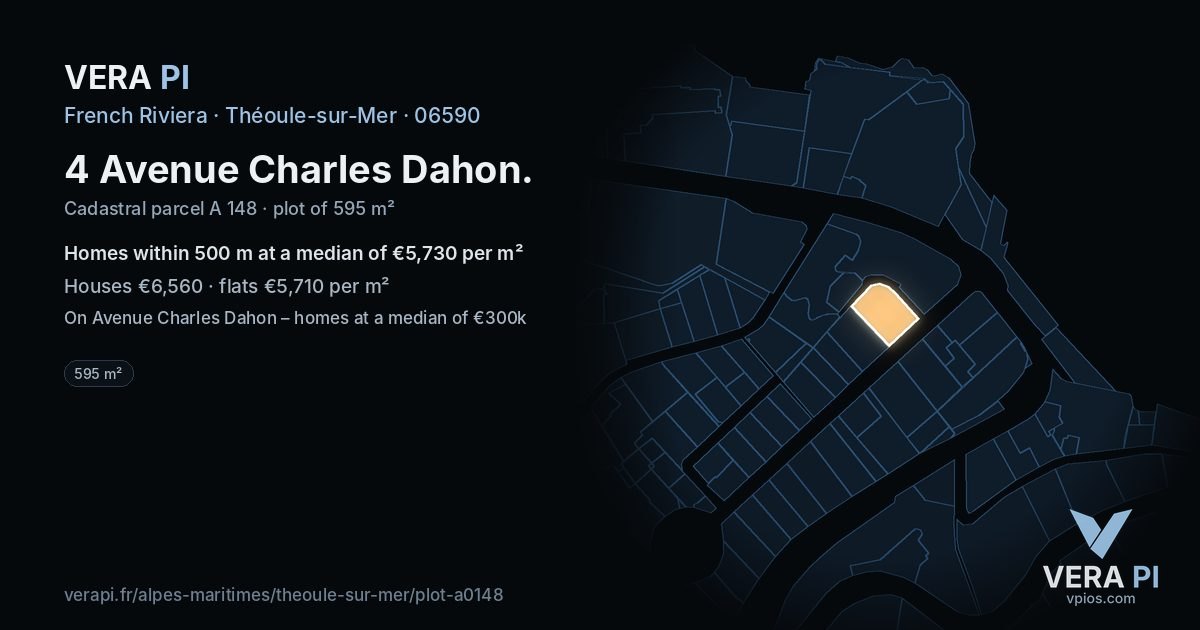 4 Avenue Charles Dahon, Théoule-sur-Mer at night – the plot lit, the parcels around coloured by the prices near them