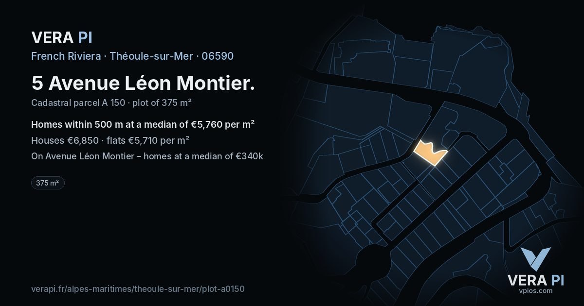 5 Avenue Léon Montier, Théoule-sur-Mer at night – the plot lit, the parcels around coloured by the prices near them