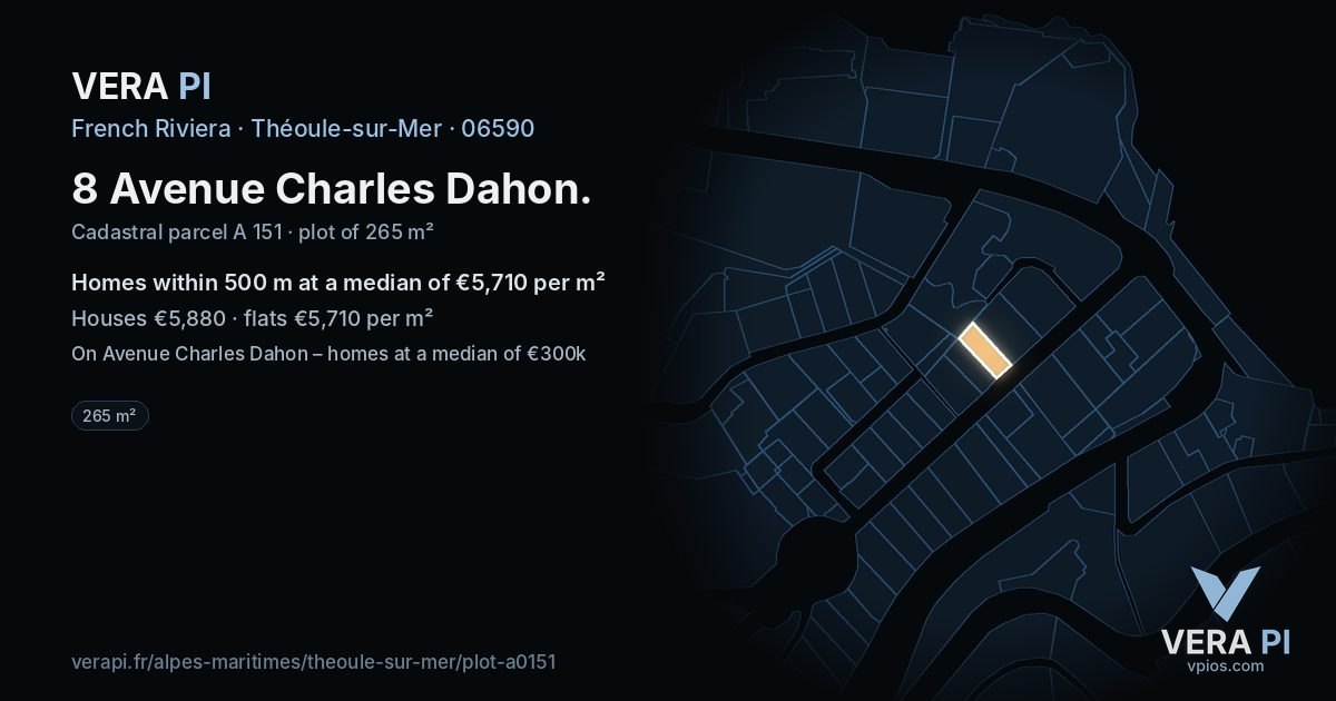8 Avenue Charles Dahon, Théoule-sur-Mer at night – the plot lit, the parcels around coloured by the prices near them