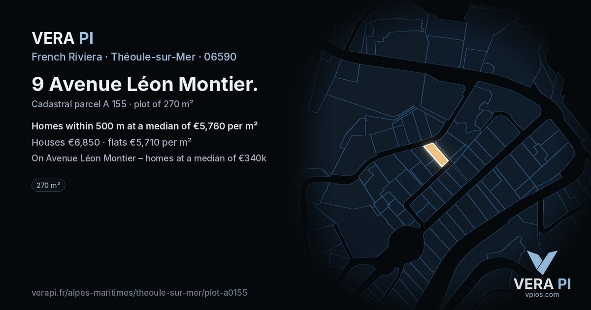 9 Avenue Léon Montier, Théoule-sur-Mer at night – the plot lit, the parcels around coloured by the prices near them
