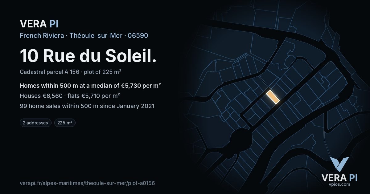 10 Rue du Soleil, Théoule-sur-Mer at night – the plot lit, the parcels around coloured by the prices near them