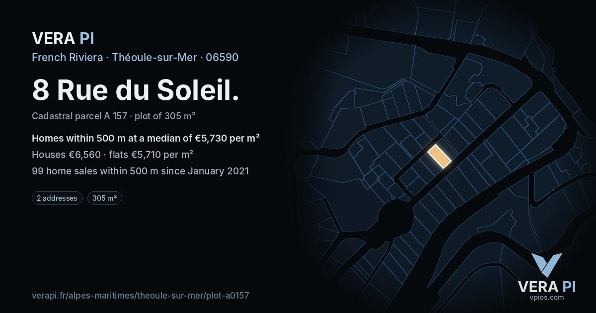 8 Rue du Soleil, Théoule-sur-Mer at night – the plot lit, the parcels around coloured by the prices near them