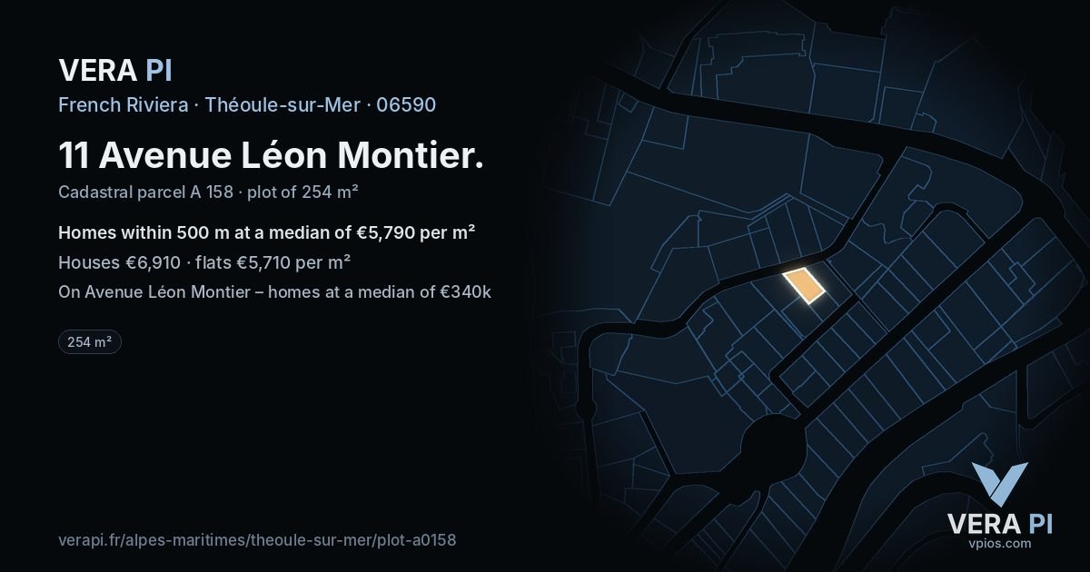 11 Avenue Léon Montier, Théoule-sur-Mer at night – the plot lit, the parcels around coloured by the prices near them