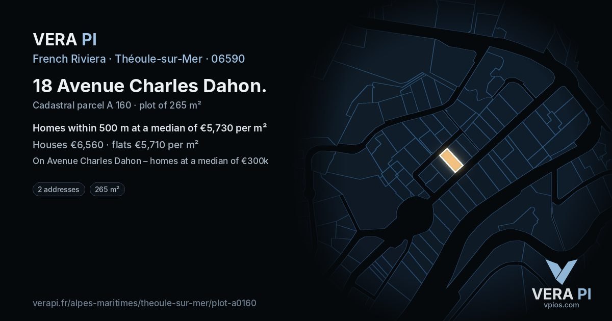 18 Avenue Charles Dahon, Théoule-sur-Mer at night – the plot lit, the parcels around coloured by the prices near them
