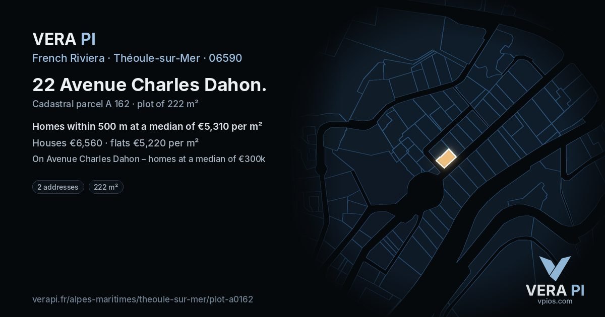 22 Avenue Charles Dahon, Théoule-sur-Mer at night – the plot lit, the parcels around coloured by the prices near them