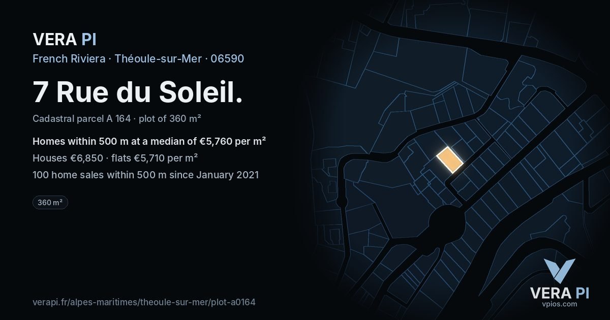 7 Rue du Soleil, Théoule-sur-Mer at night – the plot lit, the parcels around coloured by the prices near them