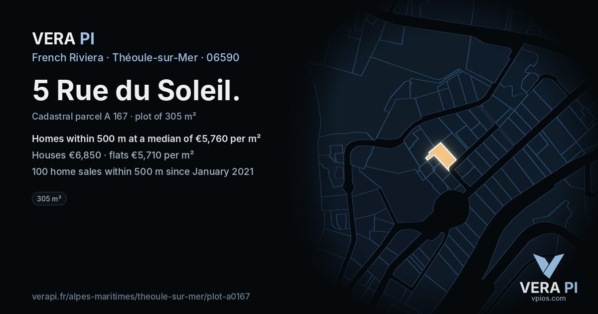 5 Rue du Soleil, Théoule-sur-Mer at night – the plot lit, the parcels around coloured by the prices near them